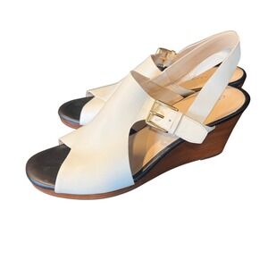 Cole Haan Womens White Leather Slingback Wedge Sandals Gold Buckle Peep Toe 9.5